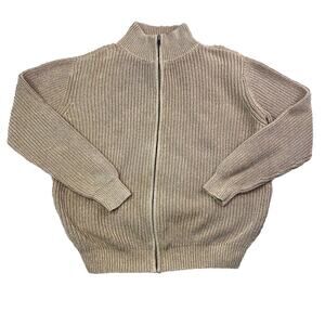 LL Bean Knit Sweater Full Zip Mens Large 100% Cotton Ribbed Turtleneck Khaki